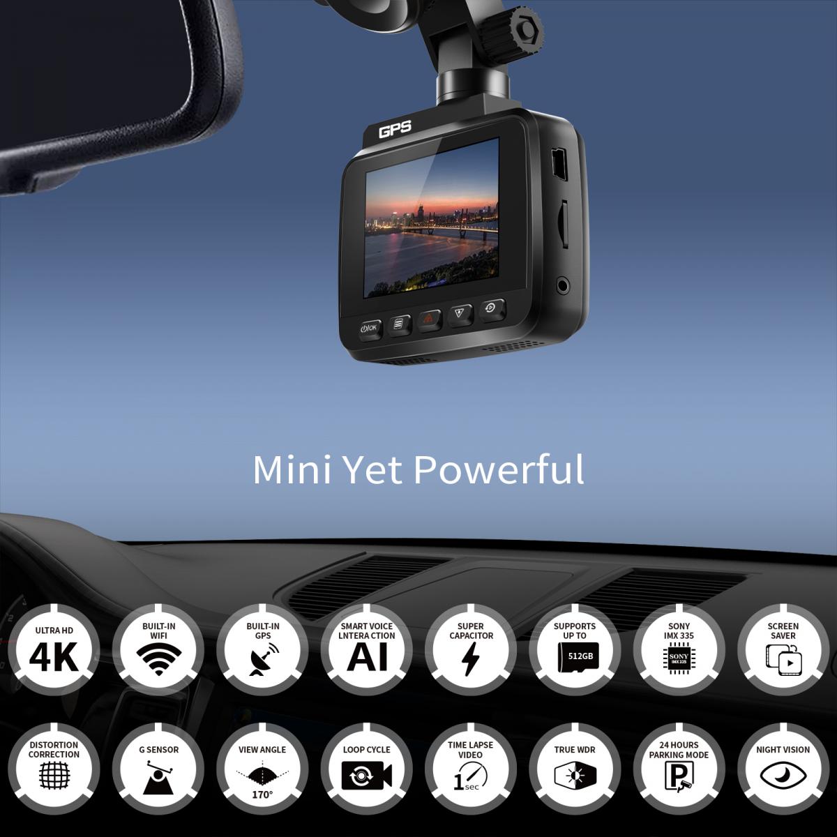 4K HD Car Recorder with 170° Recording Angle with G Sensor GPS WiFi