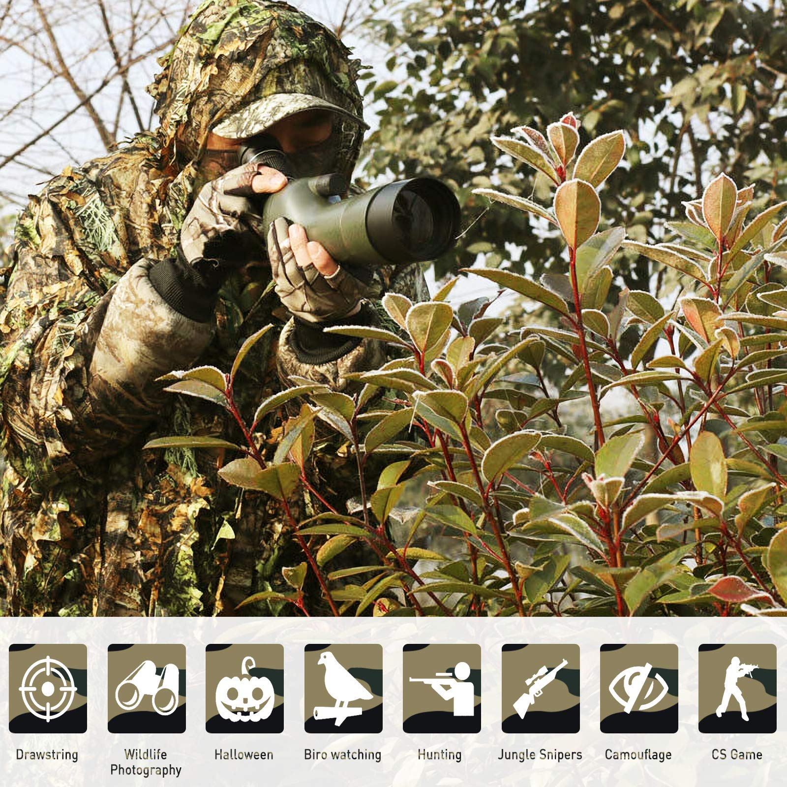 Outdoor Camouflage Ghillie Poncho 3D Leaves Hunting Cape for Hunting Bird Watch Military CS Woodland Hunting