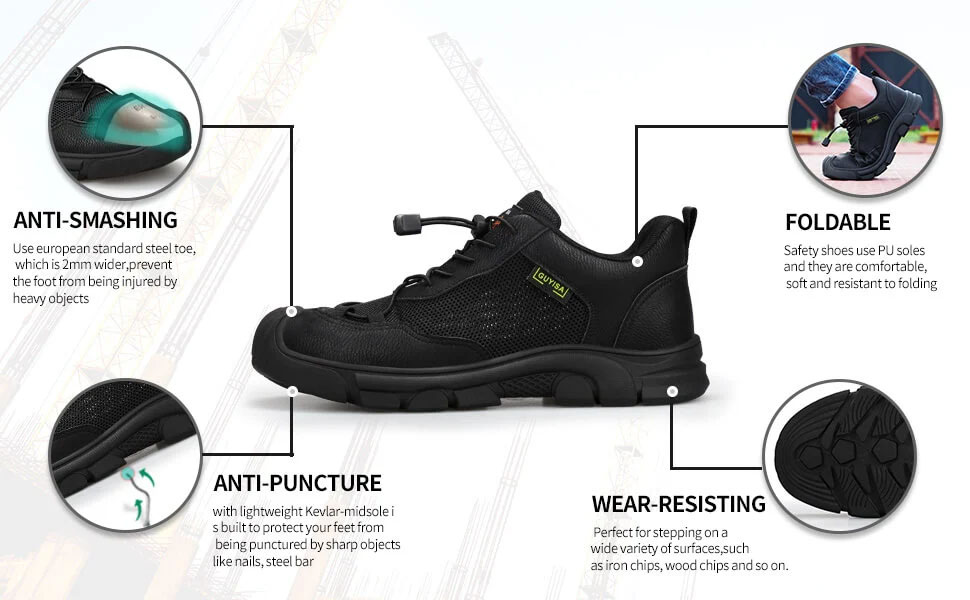 Black Mesh Easy Clean Microfiber Lightweight Rubber Sole Steel Toe Safety Shoes